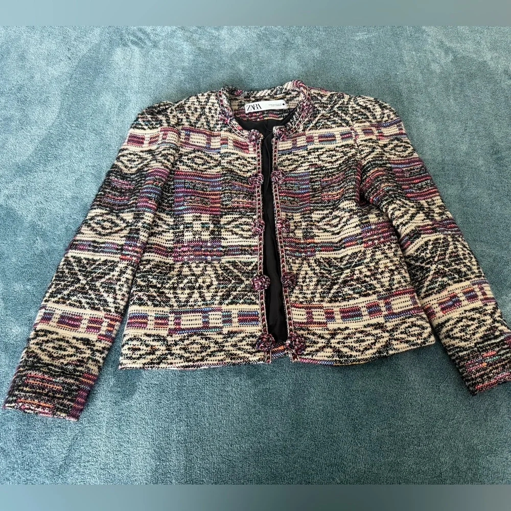 New  Zara Jacquard Jacket Wool Cotton Blend Round Collar Cropped Multicolor XS - Picture 3 of 11